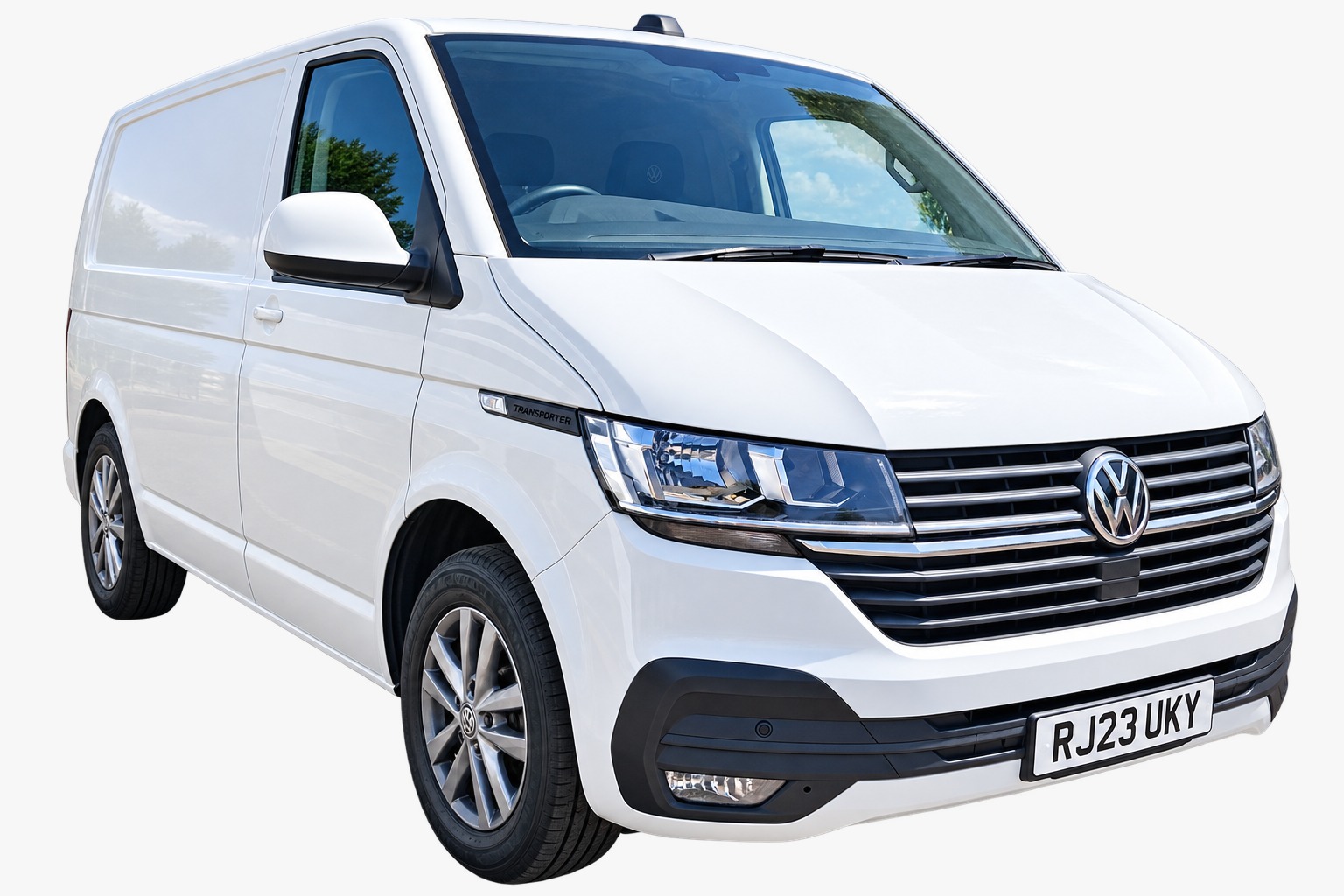White 2023 Volkswagen T6.1 LWB Highline, the current Potteries Camper Co stock van before conversion