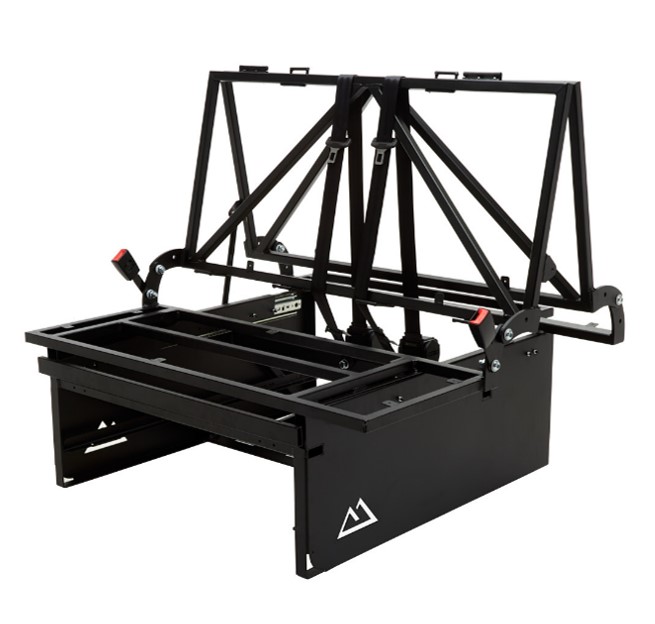 Rock and roll bed frame with integrated three-point seat belts