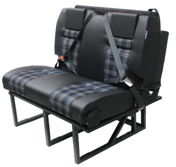 RIB seat and bed system in black leather with grey plaid centre panels and integrated seat belts