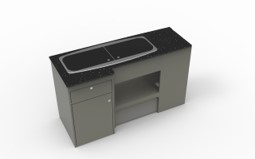 Compact grey campervan kitchen pod with black worktop, combination sink and hob