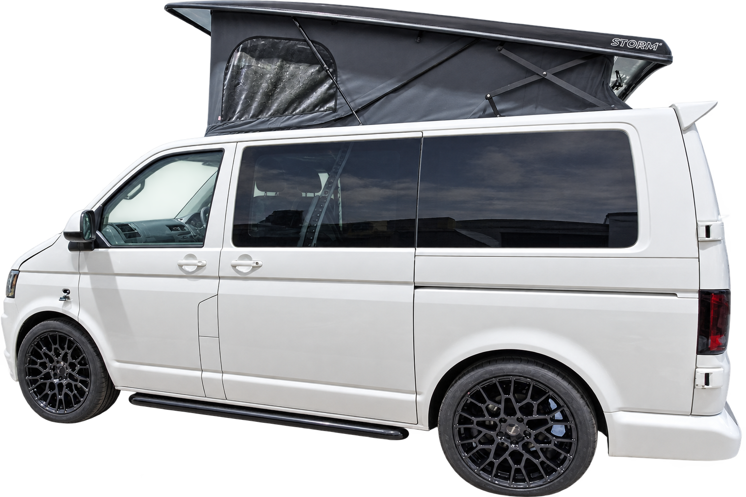 White VW Transporter fitted with a Storm pop-top roof, raised